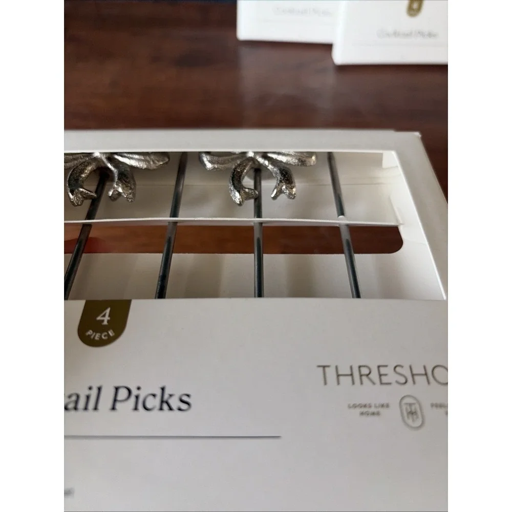 Threshold Cocktail Picks 3 Sets 12 Total‎ Silver Bows Metal Martini Skewers NEW